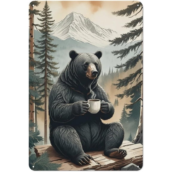 Rustic Bear Coffee Metal Tin Sign, Cabin Kitchen and Coffee Shop Wall Decor, Vintage Lodge Country Home Style, 8 x 12 Inch
