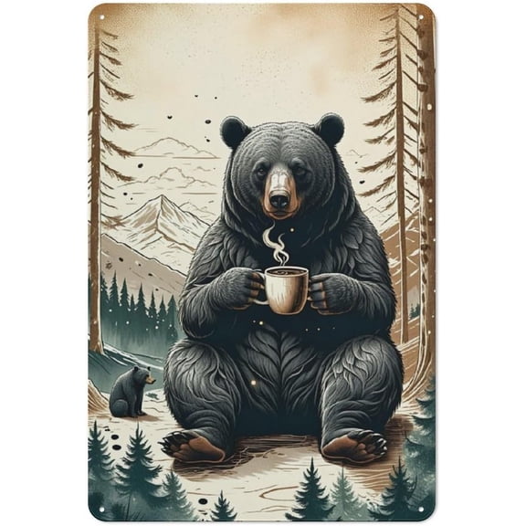 Rustic Bear Coffee Tin Metal Sign 8x12 Inch Cabin Wall Decor for Kitchen Garden Garage
