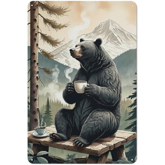 Rustic Bear And Coffee Tin Metal Signs for Cozy Cabin Wall Decor Art,Perfect Wilderness-Themed Wall Art to Add Vintage Charm And Warmth to Your Lodge,Lake House,Mountain Getaway 8x12 inch