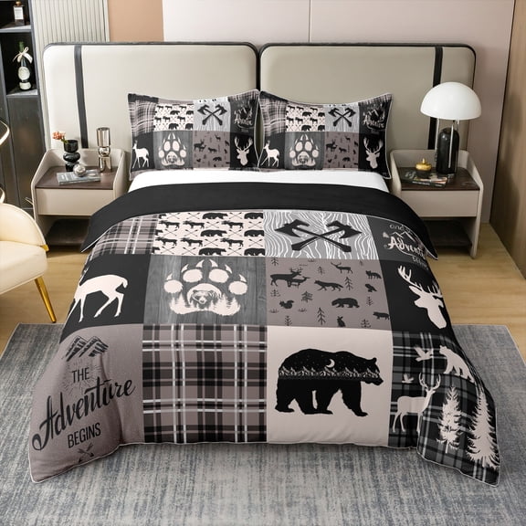 Rustic Bear Comforter Cover Queen Size, Hunting Deer Elk Duvet Cover Western Woodland Bear Bedding Set Lodge Cabin Decor, Checkered Buffalo Grid Claw Bed Cover, Brown Grey (No Comforter)