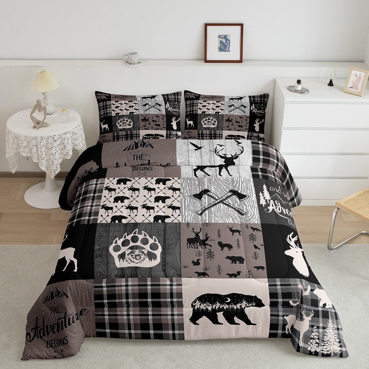 Rustic Bear Comforter Set King Size, Hunting Deer Elk Duvet Insert