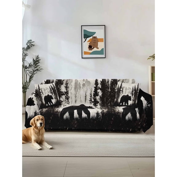 Rustic Bear Couch Cover, Vintage Country Wildlife Forest Mountains Oversized Sofa Cover Blanket for 3 Cushion Couch,Sectional Sofa Slipcover Furniture Protector for Living Room Bedroom 71''x150''