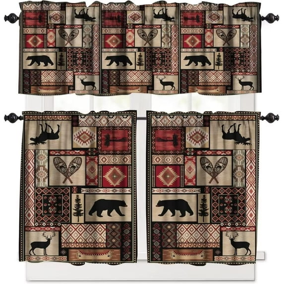 Rustic Bear Curtain Set, Retro Vintage Bear Country Style Rustic Cabin Cottage Pine Tree Window Valances and Tier Set for Kitchen Living Room Café Décor