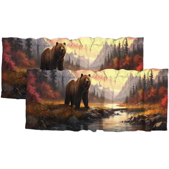 Rustic Bear Curtain Valances for Kitchen Windows Farmhouse Lake Cabin Fall Autumn Forest Natural Scenery Rod Pocket Valances for Bedroom Living Room Dining Room 54 by 18 in, 2 Panel