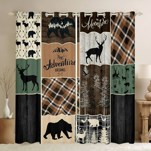 Rustic Bear Curtains & Drapes, Country Deer Curtains Retro Cabin Decor, Woodland Checkered Buffalo Plaid Blackout Curtains Farmhouse Wooden Board Vintage Window Curtains 42"Wx90"L 2 Panels