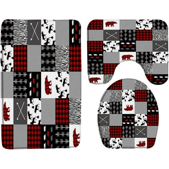 Rustic Bear Deer Bath Mat Lodge Cabin Wildlife Red Black Buffalo Check Plaid Zebra Striped 3 Piece Bath Rug Sets