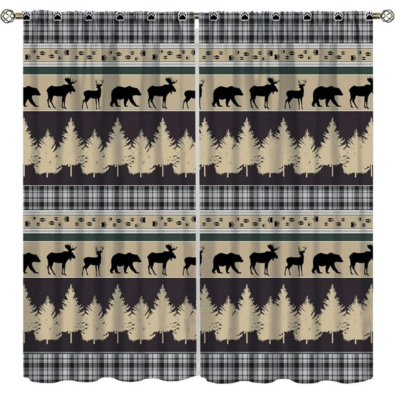 Rustic Bear Deer Curtains,Retro Cabin Country Window Treatments Vintage Tribal Aztec Abstract Geometric Blackout Window Drapes for Bedroom Living Room,42x84in