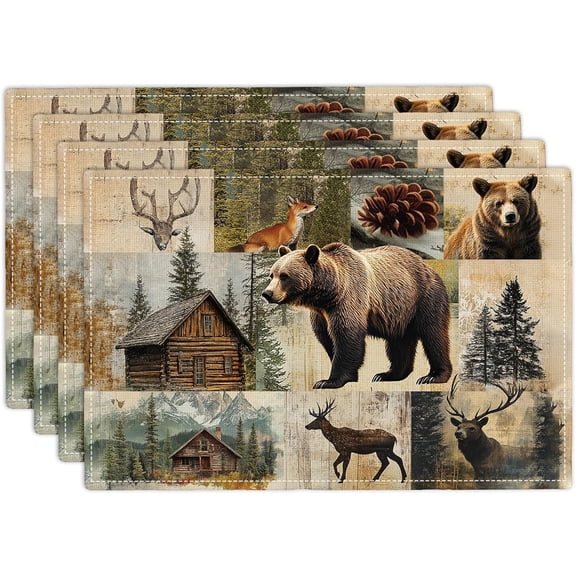 Rustic Bear Deer Fox Cabin Placemats Set of 4, Farmhouse Lodge Place Mats, Country Brown Bear Dining Table Mats, Washable Placemats for Kitchen Dining Room 18L'' 12W''