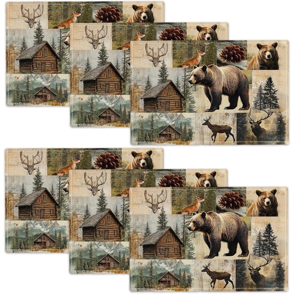 Rustic Bear Deer Fox Cabin Placemats Set of 6, Farmhouse Lodge Place Mats, Country Brown Bear Dining Table Mats, Washable Placemats for Kitchen Dining Room 18L'' 12W''