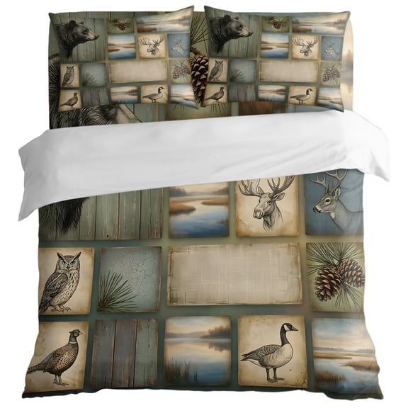 Rustic Bear Deer Owl King Size Bed Set,Vintage Country Woodland Bedding for All Seasons,4 Pcs Bed Set with 1 Quiltcover (104"x90"),1 Sheet (108"x98"),2 Pillowcases (20"x36")