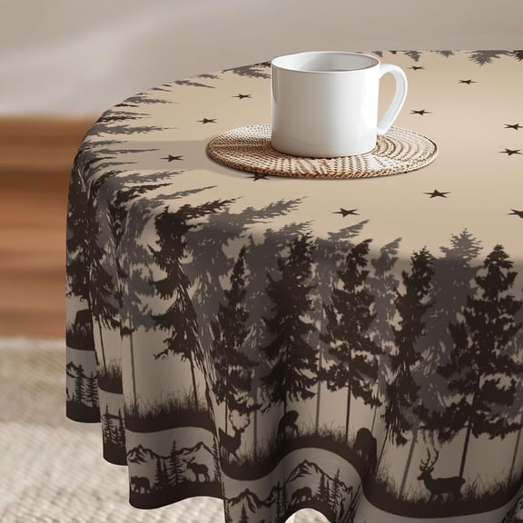 Rustic Bear Deer Round Tablecloth 60 Inch Forest Wild Animal Circular Table Cover Wrinkle Resistant Farmhouse Style Tabletop for Outdoor Party Picnic Dining