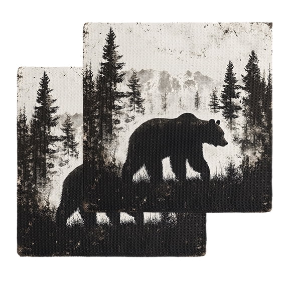 Rustic Bear Dish Towels Set, Waffle Weave Kitchen Towels 2 Pieces, Vintage Country Wildlife Forest Mountains Microfiber Hair Face Bath Tea Towel Absorbent Quick Drying Cleaning Dish Cloths, 12"x12"