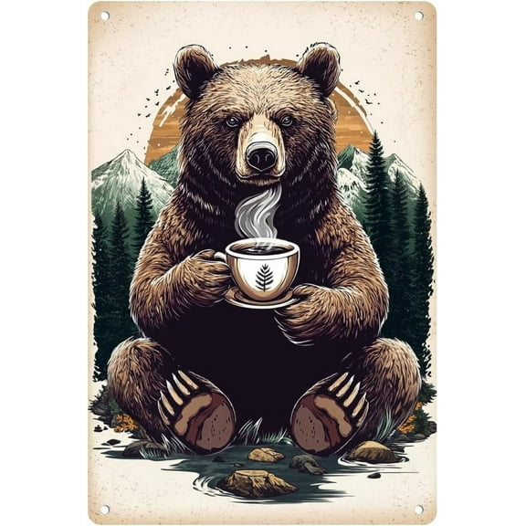 Rustic Bear Drinking Coffee Metal Tin Sign Retro Tin Poster for Room Kitchen Wall Decor 8 x 12 Inch