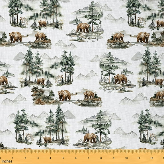 Rustic Bear Fabric By The Yard,Wild Animal Print Upholstery Fabric,Watercolor Jungle Tree Decorative Fabric,Vintage Farmhouse Indoor Outdoor Fabric for Quilting Sewing,1 Yard