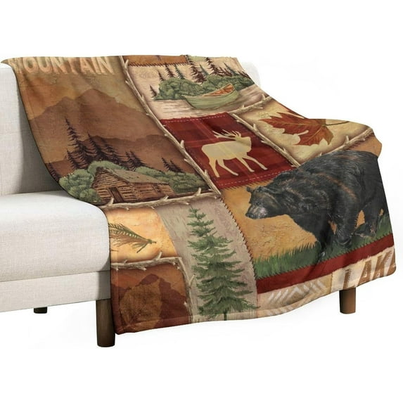 Rustic Bear Flannel Blankets, Vintage Bear Cottage Country Style Retro Cabin Mountain Farmhouse Throw Bed Blanket for Sofa Chair Bed 50"x60"
