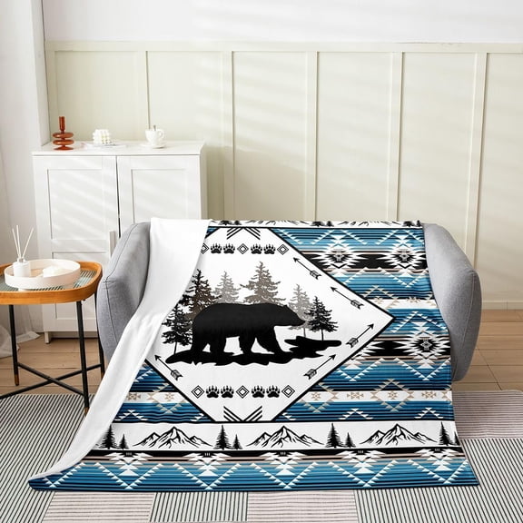 Rustic Bear Fleece Blanket Native Blue Tribal Pine Tree Throw Blanket for Bed Couch Sofa