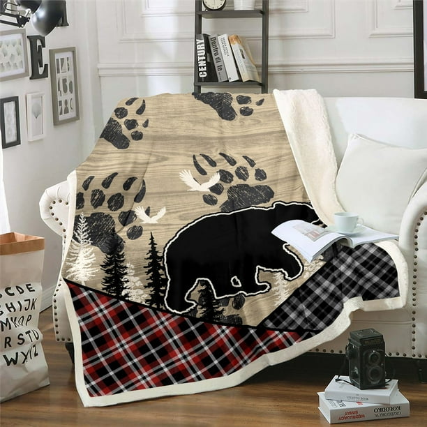Rustic Bear Fleece Blanket Woodland Animals Patchwork Blanket 50 x60 for Teens Men Paw Print Pine Trees Throw Blanket Buffalo Checkered Plaid Country Decor Brown Wooden Plank Farmhouse Decor Walmart B...