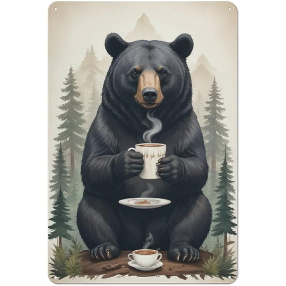 Rustic Bear Lodge and Cabin Metal Wall Sign, Vintage-Inspired Forest Coffee Art, Wilderness Theme Home or Vacation Decor, 8 x 12 Inch