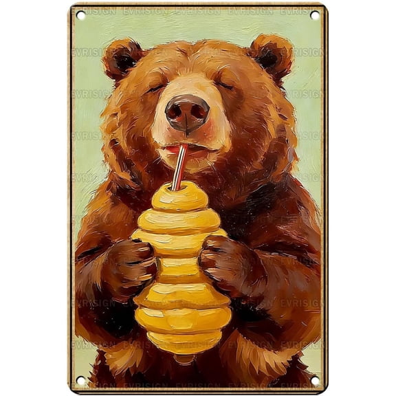 Rustic Bear Metal Wall Art Tin Sign, Playful Wilderness Decor for Home, Cabin or Kitchen, 12 x 8 In