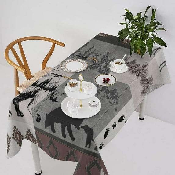 Rustic Bear Moose Deer Tablecloth, Retro Pine Tree Cabin Country Lodge Camping Vintage Tribal Aztec Table Cover, Water Resistant Wipeable Tablecloths for Kitchen Dinning Room Decor 60"x120"