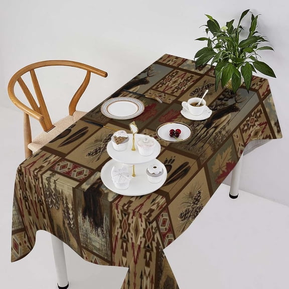 Rustic Bear Moose Deer Tablecloth Retro Rustic Bear Cottage Country Rustic Cabin Farmhouse Style Table Cover Water Resistant Wipeable Tablecloths for Kitchen Dinning Room Decor 60"X120"Inch