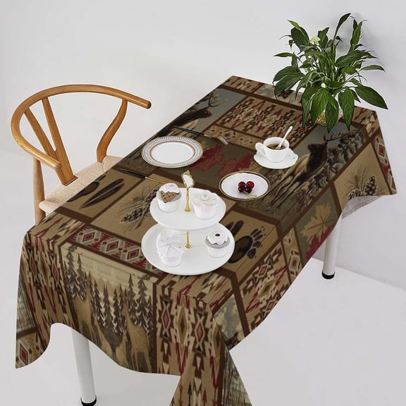 Rustic Bear Moose Deer Tablecloth Retro Rustic Bear Cottage Rustic Cabin Farmhouse Style Table Cover Water Resistant Wipeable Tablecloths for Kitchen Dinning Decor 60"X120"Inch