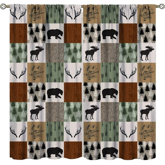 Rustic Bear Patchwork Blackout Curtains, Bear Moose Curtains & Drapes for Living Room Hunting Deer Curtains Boho Arrows Buffalo Plaid Window Curtains Brown Green 27.5x63in,2 Panel Set