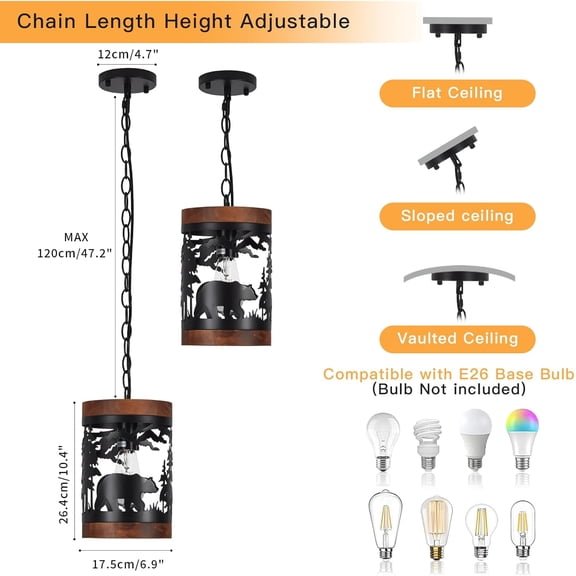 Rustic Bear Pendant Light, 1-Light Farmhouse Wood and Metal Cage Chandelier, Adjustable Hanging Ceiling Fixture for Kitchen Island, Hallway, Bar, Dining Room, Foyer, or Bedroom, (No Bulb Included)