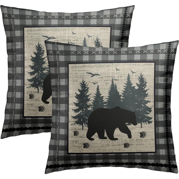 Rustic Bear Pillow Covers 18x18 Inch Set of 2 Blue Grey Decorative Wildlife Forest Square Pillow Case Buffalo Plaid Lodge Cushion Cover for Home Couch Bedroom Living