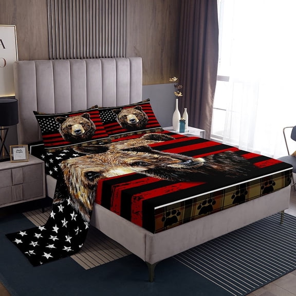 Rustic Bear Queen Bed Sheets Red Black American Flag Hunting Sheet Set Farmhouse Buffalo Plaid Bear Sheets For Kids Boys Teen Men,Country Woodland Animal 1 Fitted Sheet 1 Flat Sheet 2 Pillow Cases
