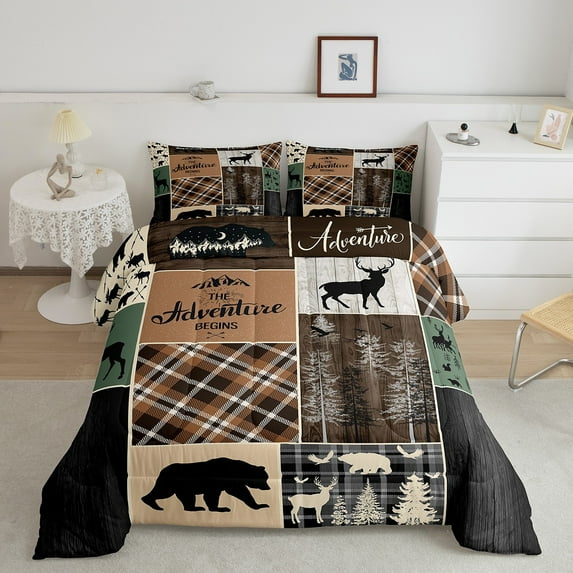 Rustic Bear Queen Bedding Sets , Country Deer Comforter Set Retro Cabin Decor, Woodland Checkered Buffalo Plaid Quilt Farmhouse Wooden Board Vintage Down Comforter With 2 Pillow Cases