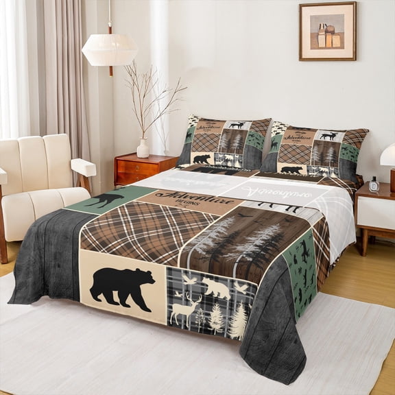 Rustic Bear Queen Sheet Set , Country Deer Bed Sheets Set Retro Cabin Decor, Woodland Checkered Buffalo Plaid Sheets Farmhouse Wooden Board Vintage Flat Fitted Sheet With 2 Pillow Cases