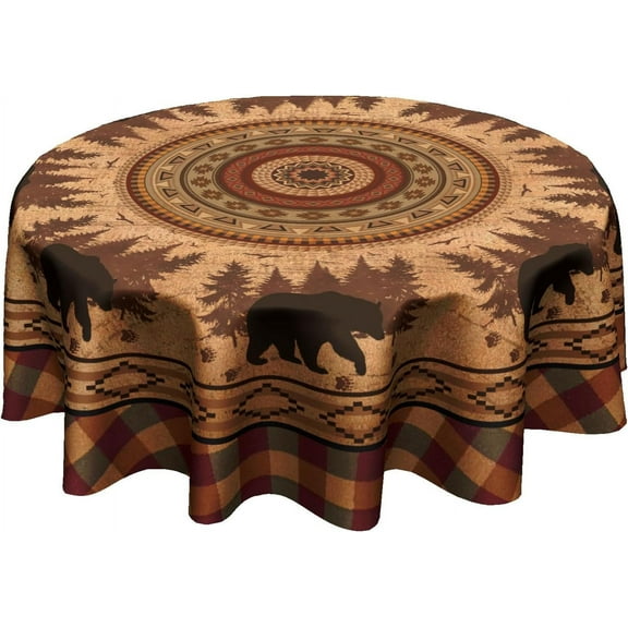 Rustic Bear Round Tablecloth 60 Inch Wildlife Forest Tree Boho Decor Table Cloth Cover for Dining Kitchen Parties Camping Outdoor Farmhouse Country Style