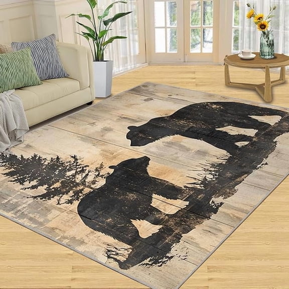 Rustic Bear Rugs for Bedroom, Black Bear Area Rug, Vintage Cabin Wildlife Animal Rugs for Living Room, Indoor Non-Slip Rug, Machine Washable Carpet for Front Entrance Floor Decor 5 x 8ft