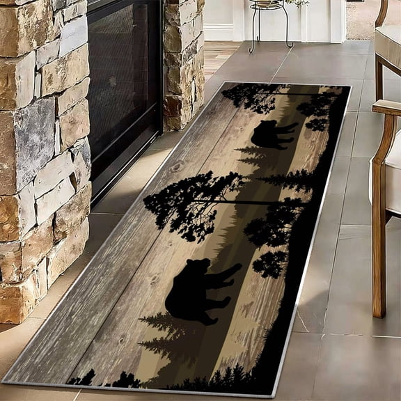 Rustic Bear Runner Rug 2x6ft, Washable Cabin Lodge Pine Tree Floor Mat, Non-Slip Woodland Animal Wood Grain Carpet for Hallway, Kitchen, Entryway
