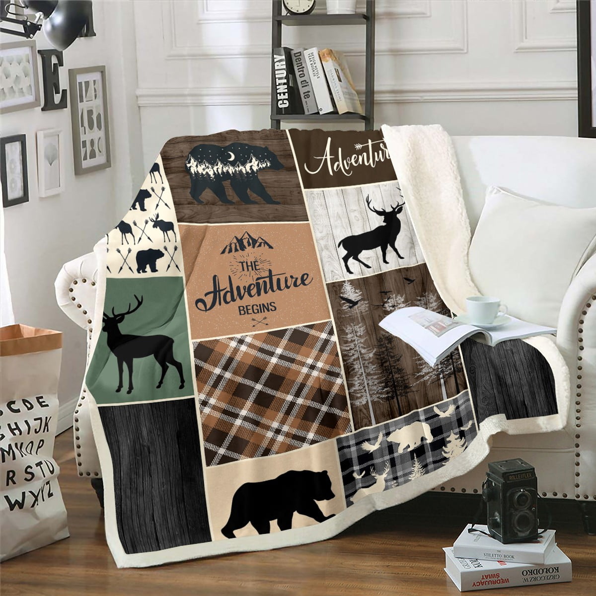 Rustic Bear Sherpa Blanket For Boys, Country Deer Throw Blanket Retro