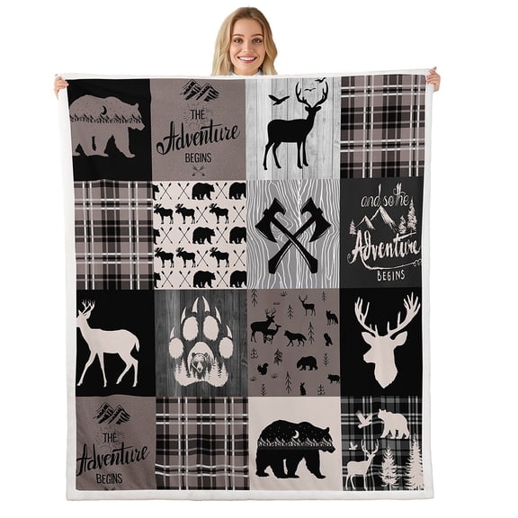 Rustic Bear Sherpa Blanket Throw Size, Hunting Deer Elk Throw Blanket Western Woodland Bear Fleece Blanket Lodge Cabin Decor, Checkered Grid Claw Plush Bed Blanket Bedroom Sofa Couch, Brown Grey