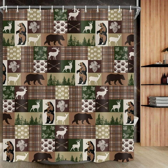 Rustic Bear Shower Curtain for Bathroom, Moose Bear Shower Curtain Set Rustic Cabin Shower Curtain Decor, Waterproof Farmhouse Country Bear Moose Forest Bath Curtain with 12 Hooks 69X70 Inch,70X70IN