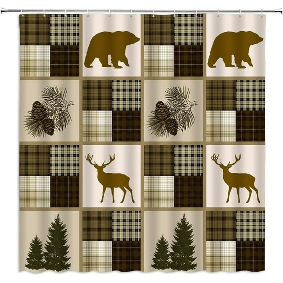 Rustic Bear Shower Curtain Buffalo Lattice Wildlife Deer Country Farmhouse Cabin Tree Vintage Fabric Home Bathroom Decor Set with Hooks（70" WX70 H）