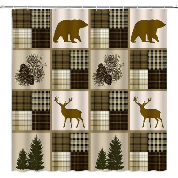 Rustic Bear Shower Curtain Buffalo Lattice Wildlife Deer Country Farmhouse Cabin Tree Vintage Fabric Home Bathroom Decor Set with Hooks(70" WX70 H)