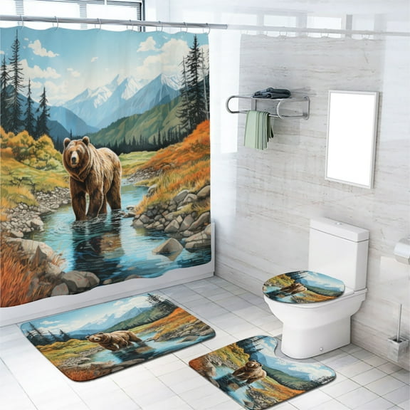 Rustic Bear Shower Curtain Set Autumn Wildlife Animal Pine Tree Lake Nature Scenery with Non-Slip Rugs Toilet Lid Cover and Bath Mat Bathroom Decor Set, 72x72 Inch