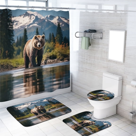Rustic Bear Shower Curtain Set Country Cabin Lake Lodge Wild Animal Hunting Bathroom Sets Decor Accessories with Non-Slip Rug Toilet Lid Cover Bath Mat and 12 Hooks, 72x72 Inch