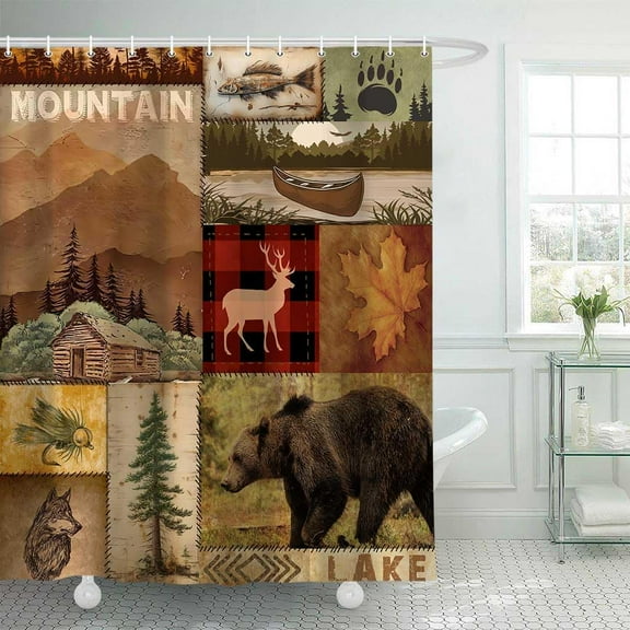 Rustic Bear Shower Curtain, Vintage Country Cabin Bear Moose Wildlife Forest Farmhouse Shower Curtain, Hunting Woodland Shower Curtain Set Polyester Waterproof Bath Curtain with 12Hooks, 72X72in