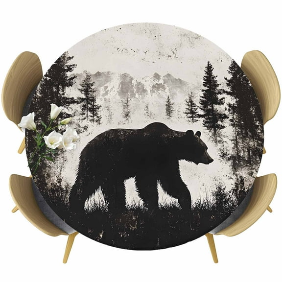 Rustic Bear Table Cloth, Round Fitted Tablecloths with Elastic Edge, Vintage Country Wildlife Forest Mountains Wipeable Waterproof Table Cover for Kitchen Wedding 45-54 Inches