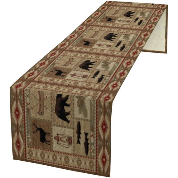 Rustic Bear Table Runner, Retro Moose Deer Fishing Country Style Rustic Cabin Animal Nation Aztec Print Table Runner for Home Kitchen Dining Table Decoration Party 13x36 Inch