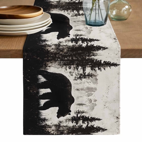 Rustic Bear Table Runner, Vintage Country Wildlife Forest Mountains Washable Cotton Linen Table Runners 60 Inches Long, Dresser Scarf Runner for Coffee/TV Stands/Kitchen/Cabinets 13''x60''