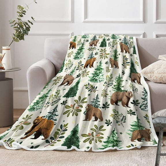 Rustic Bear Throw Blanket, Cabin Cute Woodland Pine Tree Retro Cozy Warm Bed Couch Blanket, Farmhouse Country Fleece Flannel Throws Soft Warm Lightweight Decorate The Room and Bedroom 60X70IN