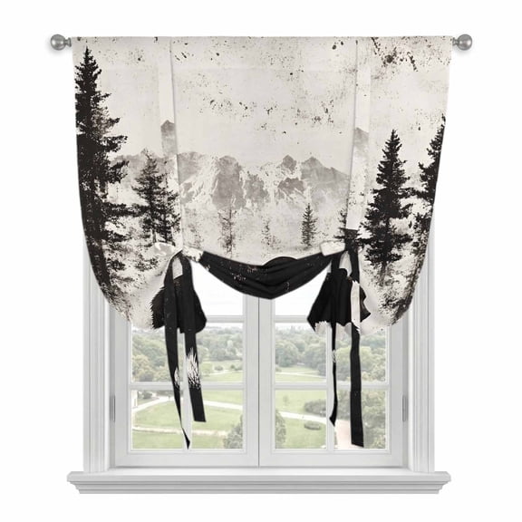 Rustic Bear Tie Up Curtains for Windows, Adjustable Rod Pocket Valance Shade, Vintage Country Wildlife Forest Mountains Light Filtering Window Treatment for Kitchen Bedroom Living Room 34"x 45"