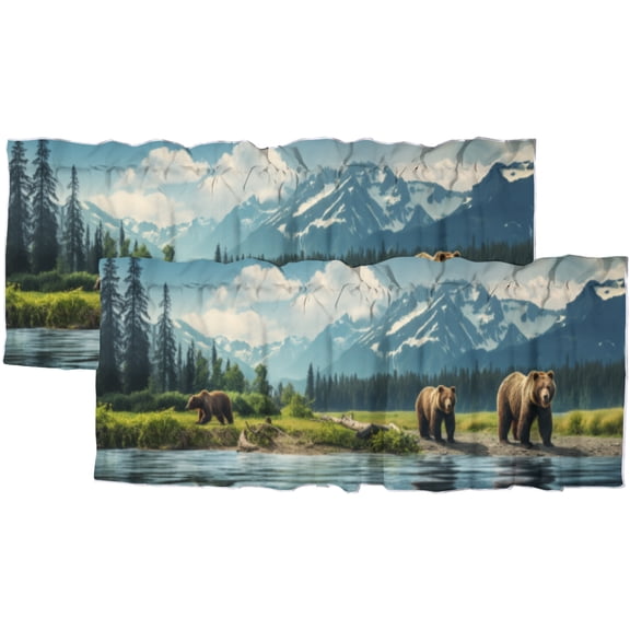 Rustic Bear Valance Curtain for Kitchen Country Cabin Lake Lodge Wild Animal Hunting Window Valance for Living Room Bedroom, Kitchen Valance Rod Pocket Window Curtain 54 by 18 in, 2 Panel