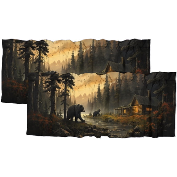 Rustic Bear Valance Curtain for Kitchen Farmhouse Lake Cabin Autumn Forest Hunting Window Valance for Living Room Bedroom, Kitchen Valance Rod Pocket Window Decor Curtain 54 by 18 in, 2 Panel